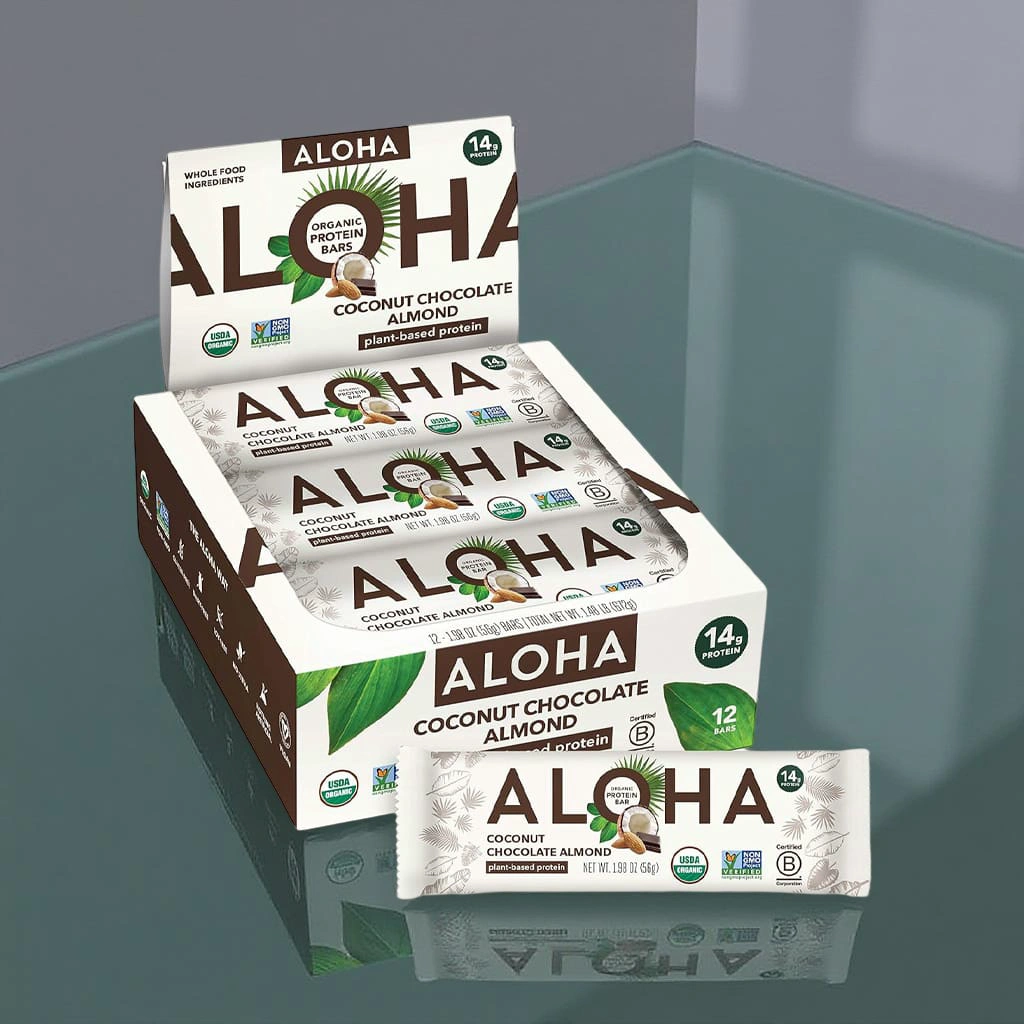 ALOHA Coconut Chocolate Almond plant-based protein bars in a retail display box