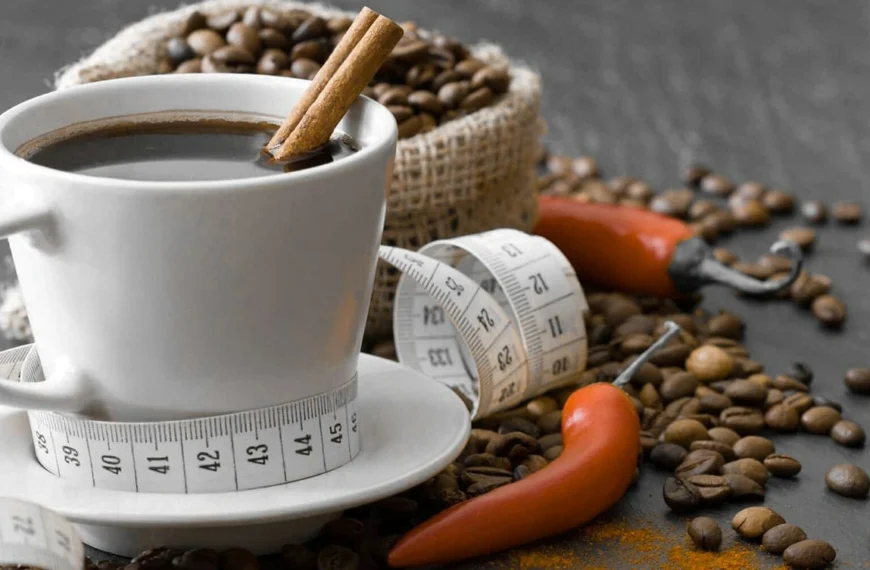 Cup of black coffee with a cinnamon stick, surrounded by coffee beans, red chili peppers, and a measuring tape symbolizing weight loss
