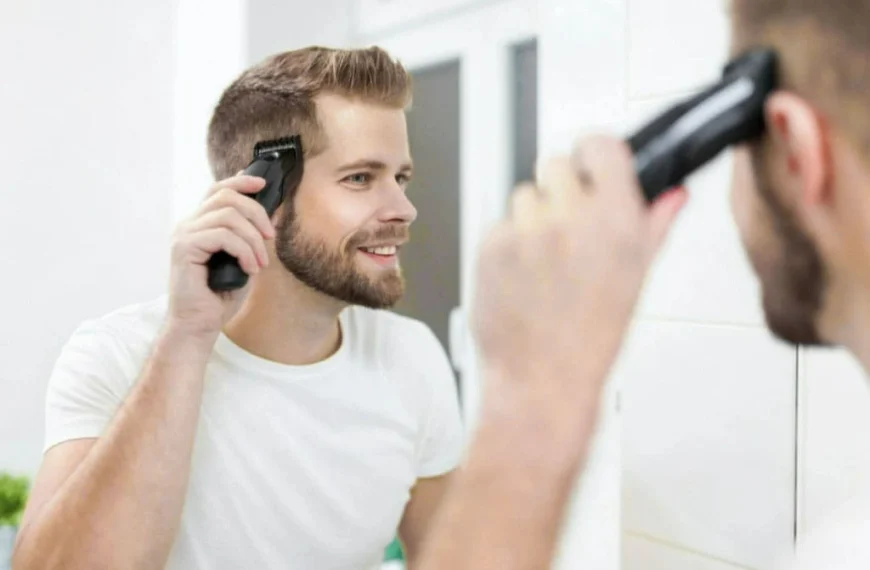 Man giving himself a haircut with electric clippers while smiling in front of a bathroom mirror.