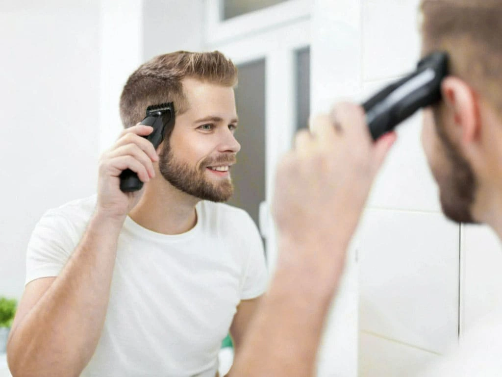 Man giving himself a haircut with electric clippers while smiling in front of a bathroom mirror.