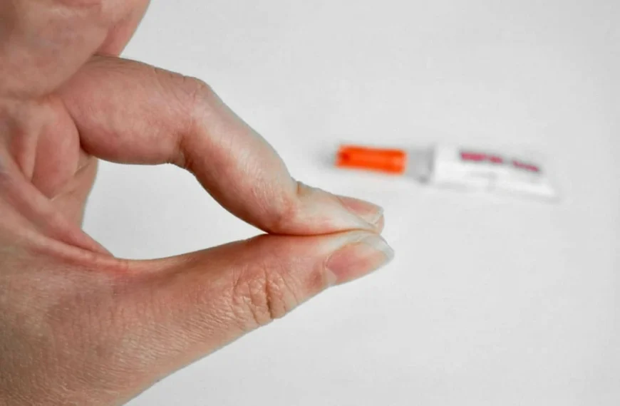 Close-up of fingers stuck together due to super glue with glue tube in background