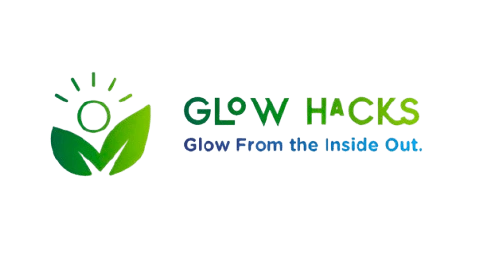 Glowhacks logo with green leaves, sunburst, and tagline "Glow From the Inside Out"