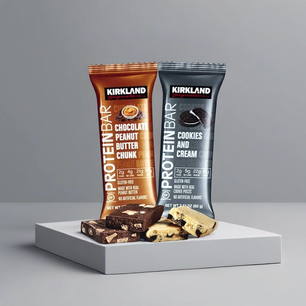 Kirkland Signature protein bars in Chocolate Peanut Butter Chunk and Cookies and Cream flavors, with unwrapped bars shown in front.