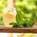 Refreshing lemon balm drink with lemon slice and fresh mint leaves on a wooden surface, ideal for weight loss and detox.