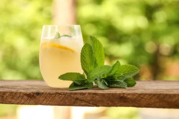 Refreshing lemon balm drink with lemon slice and fresh mint leaves on a wooden surface, ideal for weight loss and detox.