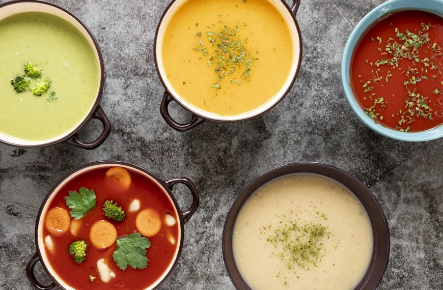 An overhead view of five colorful bowls of soup, including creamy green broccoli soup, yellow squash soup, rich tomato soup with herbs, hearty vegetable soup with carrots and broccoli, and creamy potato soup garnished with herbs, displayed on a textured gray surface