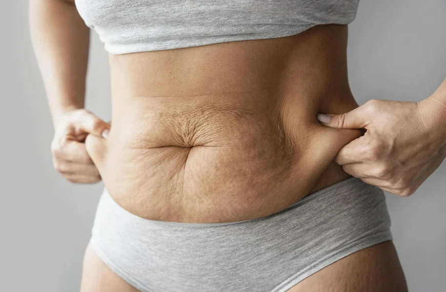 Loose abdominal skin being pinched by a woman after weight loss, showing excess skin around the stomach area
