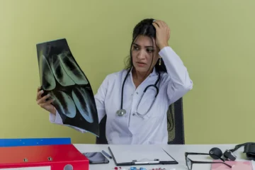 Female doctor looking concerned while analyzing chest X-ray scans, surrounded by medical supplies
