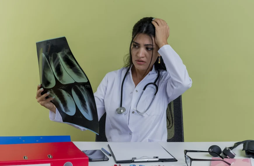 Female doctor looking concerned while analyzing chest X-ray scans, surrounded by medical supplies