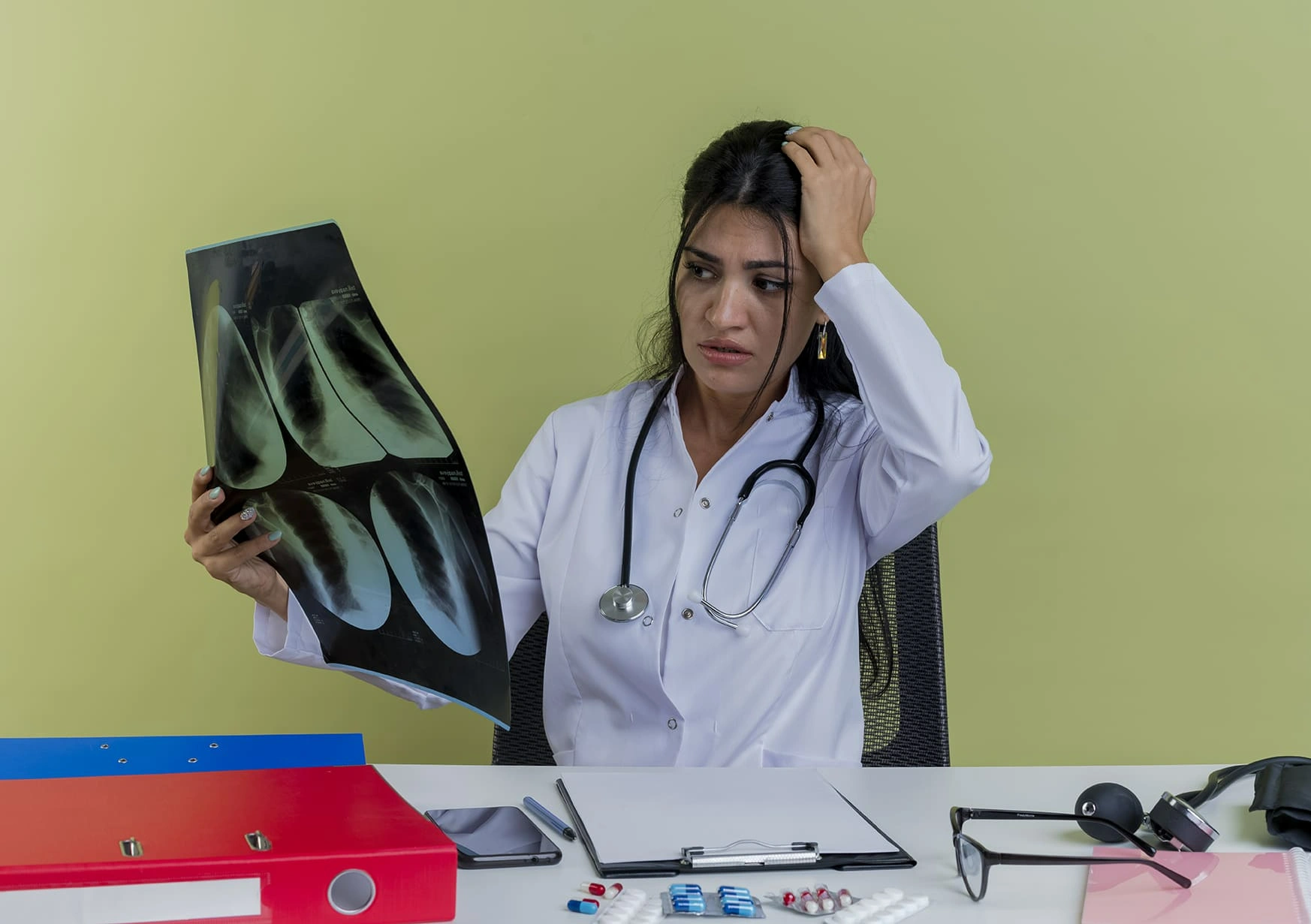 Female doctor looking concerned while analyzing chest X-ray scans, surrounded by medical supplies