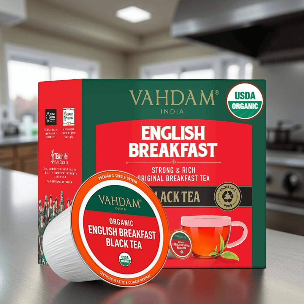 VAHDAM Organic English Breakfast Black Tea K-Cups – USDA Certified, Recyclable Pods, Strong & Rich Flavor