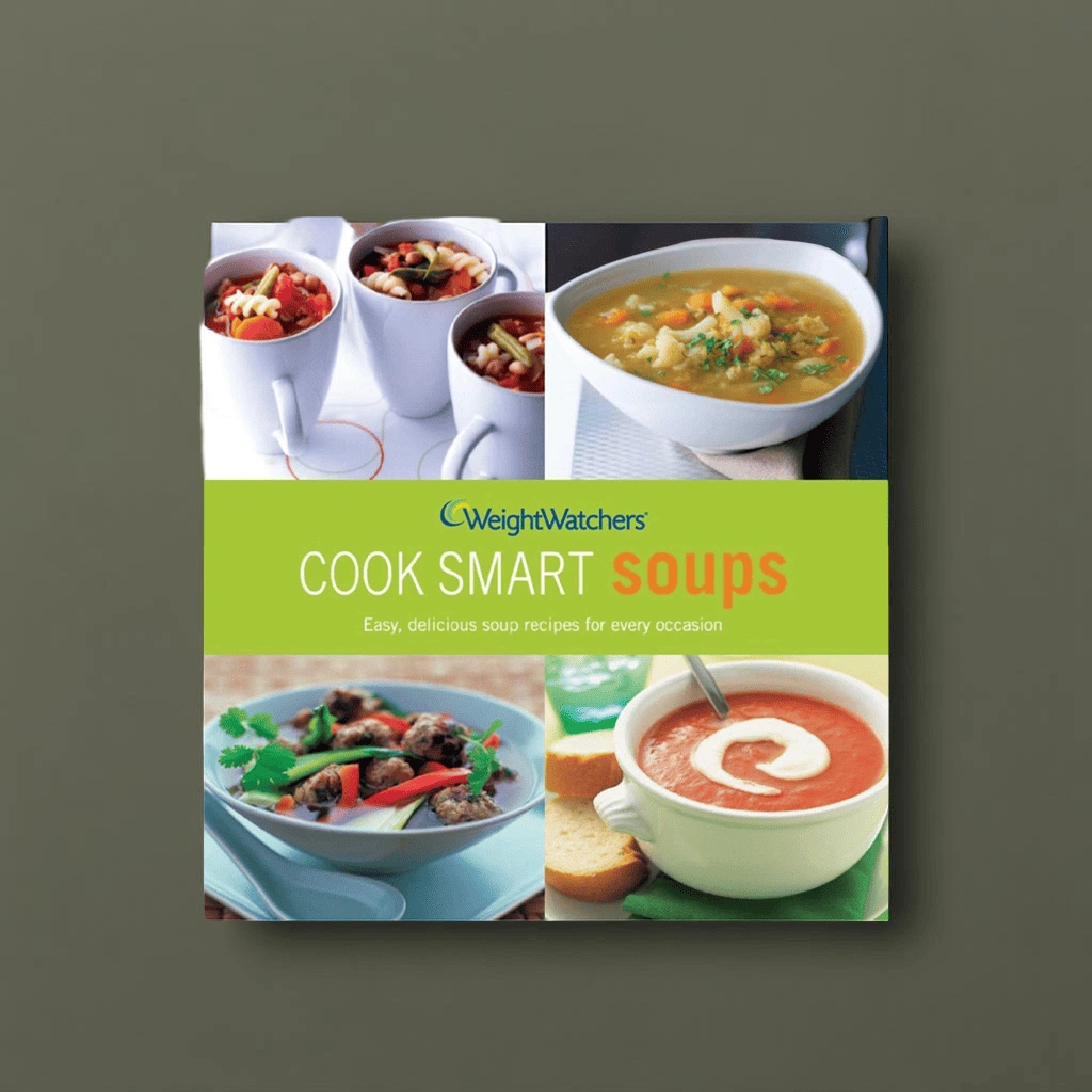 Cover of the Best Weight Watchers "Cook Smart Soups" cookbook with a collage of four different soup bowls