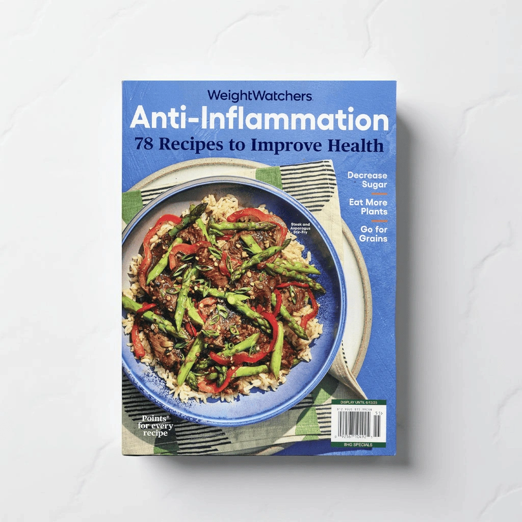 Cover of a Weight Watchers "Anti-Inflammation" cookbook featuring a colorful vegetable stir-fry over brown rice.