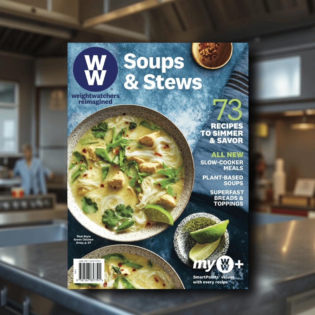 Cover of a WeightWatchers "Soups & Stews" magazine showing a bowl of Thai-style green chicken soup.